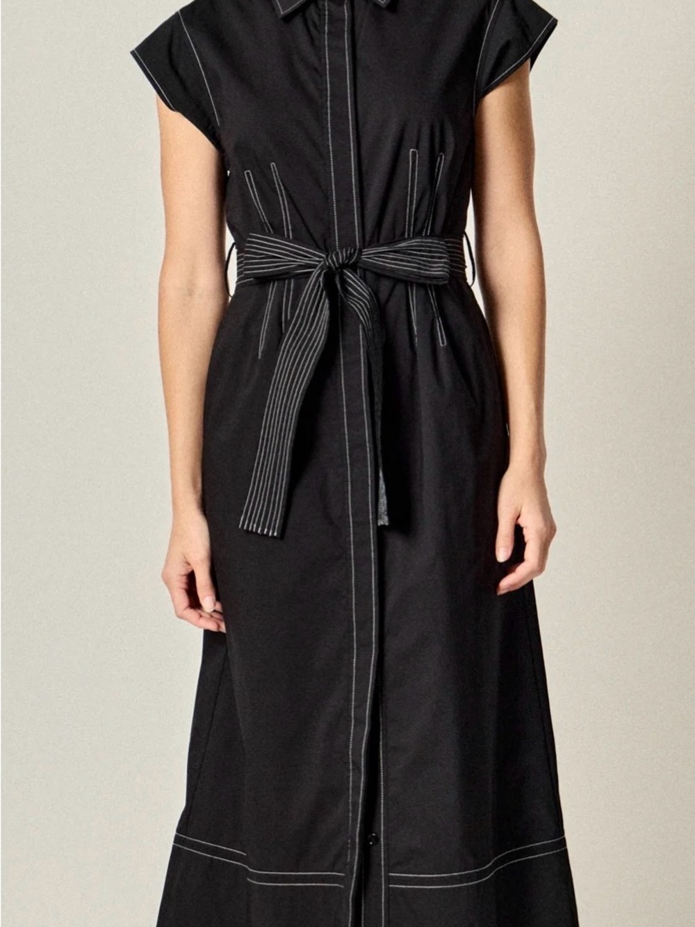 English Factory Black Midi Shirt Dress with Striped Self-Tie Belt